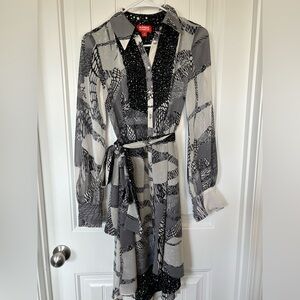 Long Sleeve Dress - Black, Gray, White - unique, fun pattern - xs